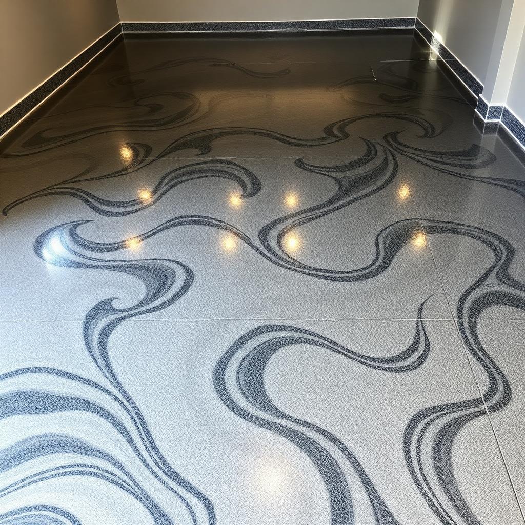 Metallic epoxy garage floor with swirled pigments