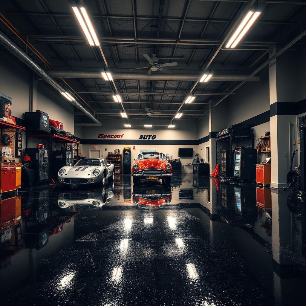 High-gloss black epoxy showroom floor